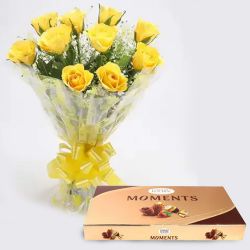Classy Bouquet of Yellow Roses with Ferrero Rocher Moments to Karunagapally
