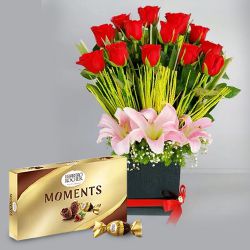 Premium Red Roses n Pink Lilies Gift Box with Ferrero Rocher Moment to Punalur