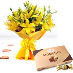 Classic Bouquet of Yellow Lilies with Ferrero Rocher Moments to Punalur