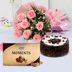Chocolaty Cake with Pink Roses Bouquet N Ferrero Rocher Moments to Sivaganga