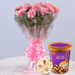 Mesmerizing Pink Carnation Bouquet with Kwality Walls Fruit n Nut Ice Cream to India