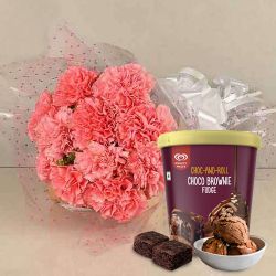 Blooming Pink Carnation Bouquet with Kwality Walls Choco Brownie Fudge Ice Cream to Muvattupuzha