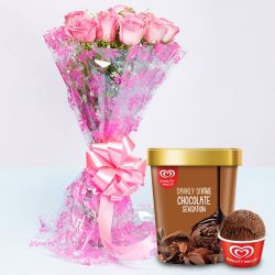 Fresh Pink Rose Bouquet with Chocolate Ice-Cream from Kwality Walls to Punalur