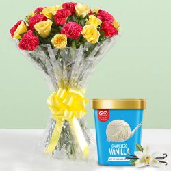 Exquisite Mixed Flower Arrangement with Vanilla Ice Cream from Kwality Walls