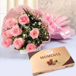 Beautiful Pink Roses Bouquet with Ferrero Rocher Moment Chocolate Box to India