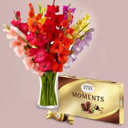 Beautiful Mixed Gladiolus in Glass Vase with Ferrero Rocher Moments to Rajamundri