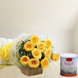 Fresh Bouquet of Yellow Roses with Pack of Haldiram Rasgulla