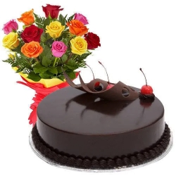 Sensational Mixed Roses with Chocolate Cake to Tirur
