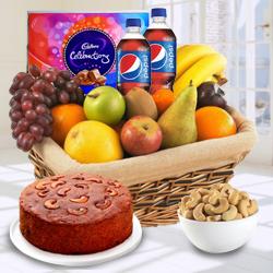 Plum Cake 1 Lb, Pepsi 2 Pet Bottles, Cadburys Celebration Pack, Fresh Fruits 2 Kg, Roasted Cashew 500 gms