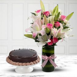 Beautiful Mixed Flowers Vase N Chocolate Cake Combo to Alwaye