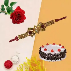 Tasty Rich black forest cake and beautiful rose coming together with designer rakhi, Roli Tilak, Chawal