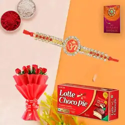 Rakhi with 12 Red Roses and Choco Pie Box