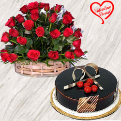 50 Dutch Red Roses Basket with Chocolate Cake
