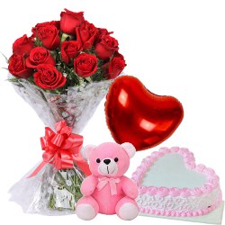 Awe-Inspiring Red Roses Bunch with Teddy Bear, Love Cake and Heart Shaped Balloons
