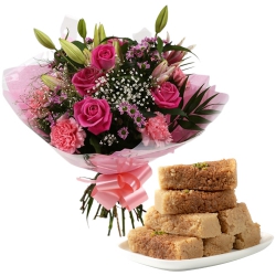 Ravishing Mixed Flowers Bouquet with Anand Bhawan Milk Cake
