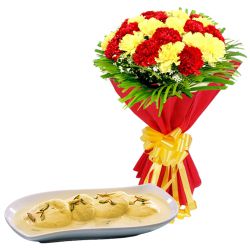Tasty Rasmalai from Shree Mithai with Exotic Carnations Bouquet