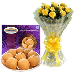 Enticing Ananda Bhawan Besan Laddu with Bright Yellow Roses Bouquet