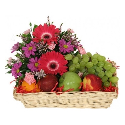 Resplendent colourful Flowers including luscious fresh Fruit basket