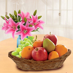 Tasty Fresh Fruits Basket with Pink Lilies