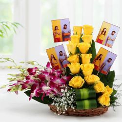 Spectacular Display of Personalized Pics with Yellow Roses n Purple Orchids in Basket to Punalur