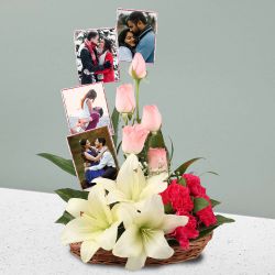 Beautiful Display of Mixed Flowers with Personalized pics in Basket to Punalur