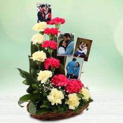 Impressive Basket Arrangement of Mixed Carnations with Personalized Pics to Uthagamandalam