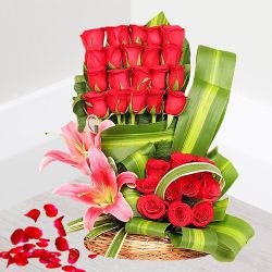 Exciting Valentine Roses  N  Lilies Basket