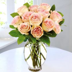 Delightful Peach Roses with Green Leaves in Glass Vase
