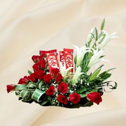 Wonderful Flower Bouquet of Red Roses with White Lily N KitKat