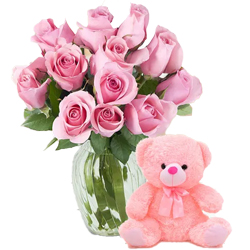 12 Pink Roses in Vase with 6 inch Teddy