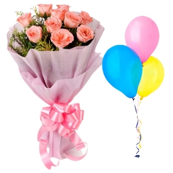 Wondrous Wishes Pink Roses with Balloons