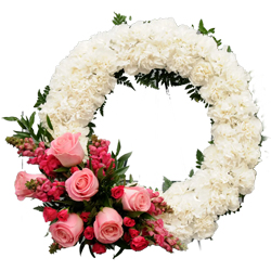 Wreath of White Carnation with Pink Rose to Alwaye