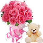 Delightful One Dozen Pink Roses Bouquet with Soft Teddy Bear to Alwaye