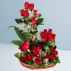 Dazzling Presentation of 25 Dutch Red Roses in a Basket