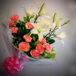 Wonderful Bouquet of White Lilies N Pink Carnations to Rajamundri