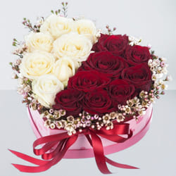 Attractive Red n White Roses in Heart Shape Box to Sivaganga