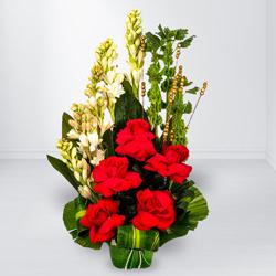 Blushing Arrangement of Red Roses n White Tube Roses to Sivaganga