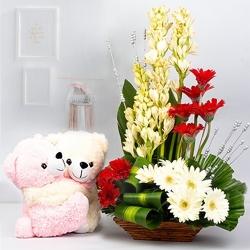 Expressive Mixed Flowers Arrangement with Cute Teddy to Tirur