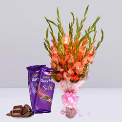 Glorious Gladiolus Bouquet with Cadbury Dairy Milk Silk to Rajamundri