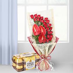 Lovely Bouquet of Red Roses n Anthurium with Ferrero Rocher to Tirur