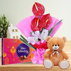 Attractive Combo of Flowers Bouquet with Cute Teddy n Chocolates to Rajamundri