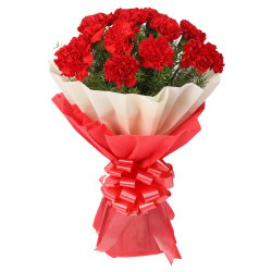Click to send online this royal looking Bouquet of Red Carnations in tissue wrapping to Tirur
