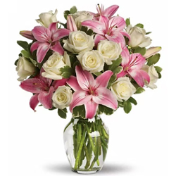 Beautiful Arrangement of Pink Lilies & White Roses in a Glass Vase
 to Tirur