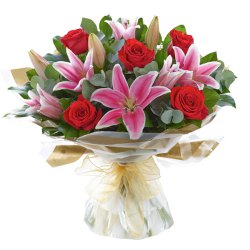 Exquisite Hand Bunch of Pink Lilies & Red Roses
