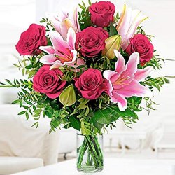 Amazing Pink Lilies N Red Roses Arrangement in Glass Vase
 to Tirur