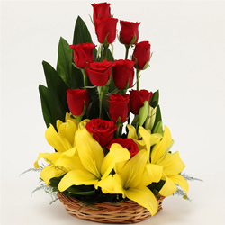 Beautiful Basket of Yellow Lilies & Red Roses
