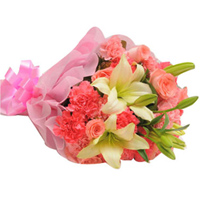 Exotic Bouquet of Pink Roses with Pink Carnations and Lily Stems