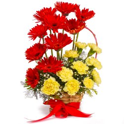 Charming Red Gerberas N Yellow Carnations  Basket Arrangement