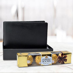 Astonishing Black Leather Wallet with Ferrero Rocher Chocolate to Tirur