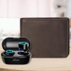 Stylish Mens Leather Wallet with PTron Bluetooth Earbuds to India
